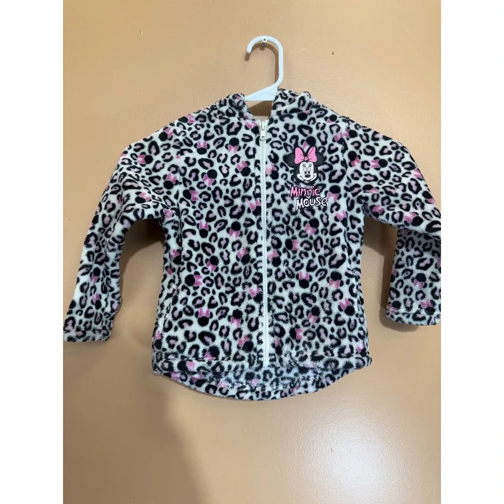 Disney Minnie Mouse Girls Fleece Zip Up Hoodie Leopard Print Ears Pink Black 4T